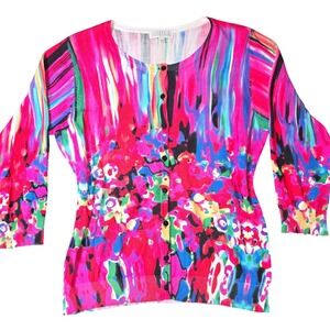 Joseph A Women's Size L Sweater 3/4 Sleeve Button Up Vibrant Watercolor Abstract